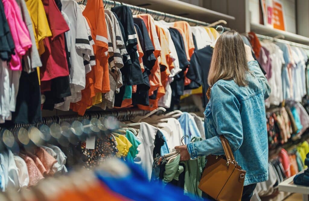 Women browsing full racks of kids' clothing